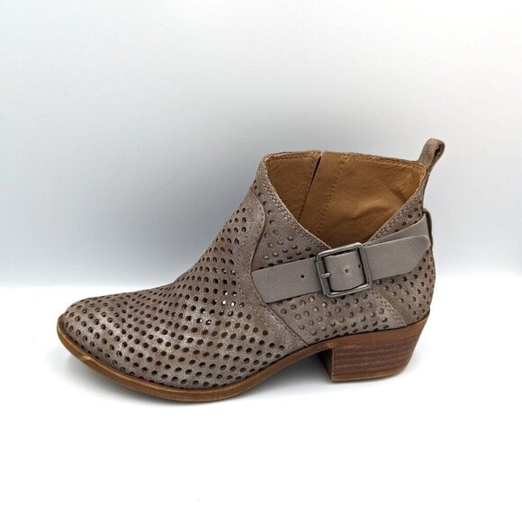 Lucky Brand Sz 7 Barton Rugged Silver Taupe Block Heel Perforated Ankle Booties - Picture 1 of 8
